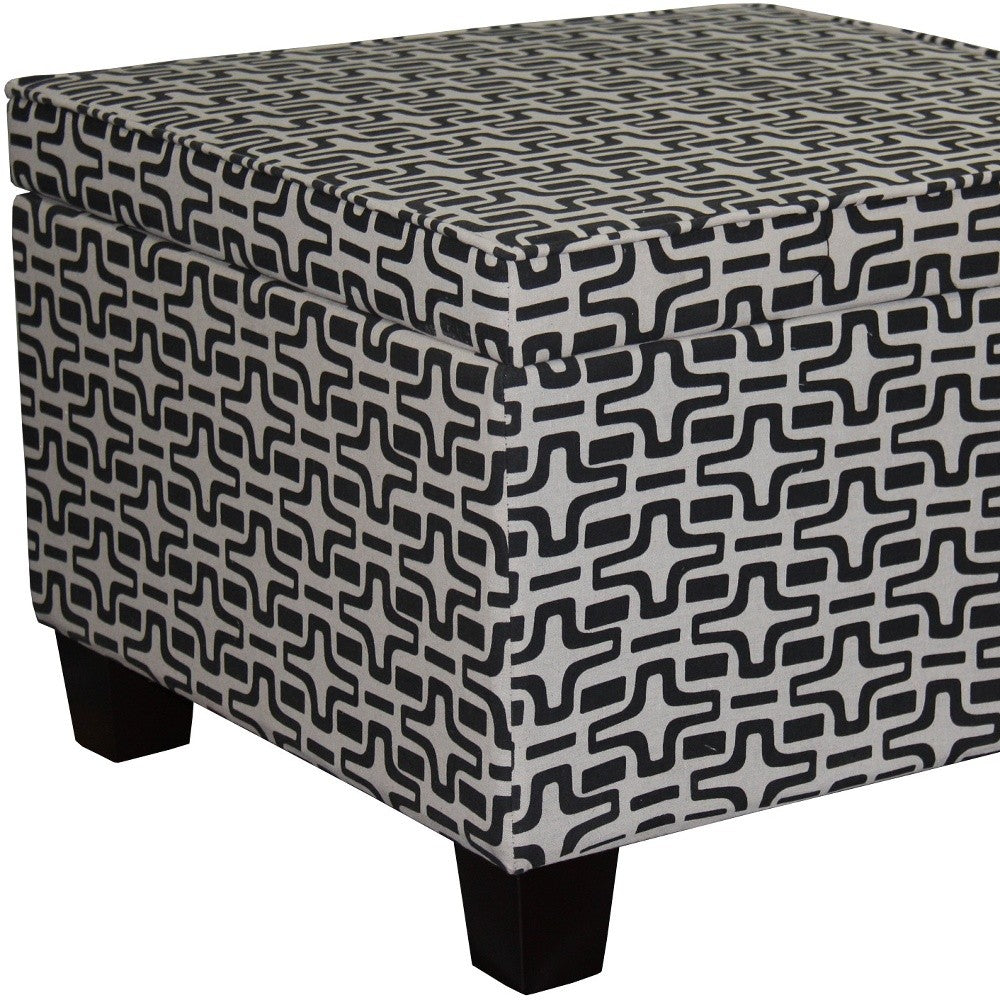 25" Black And White Polyester Blend And Black Geometric Storage Ottoman