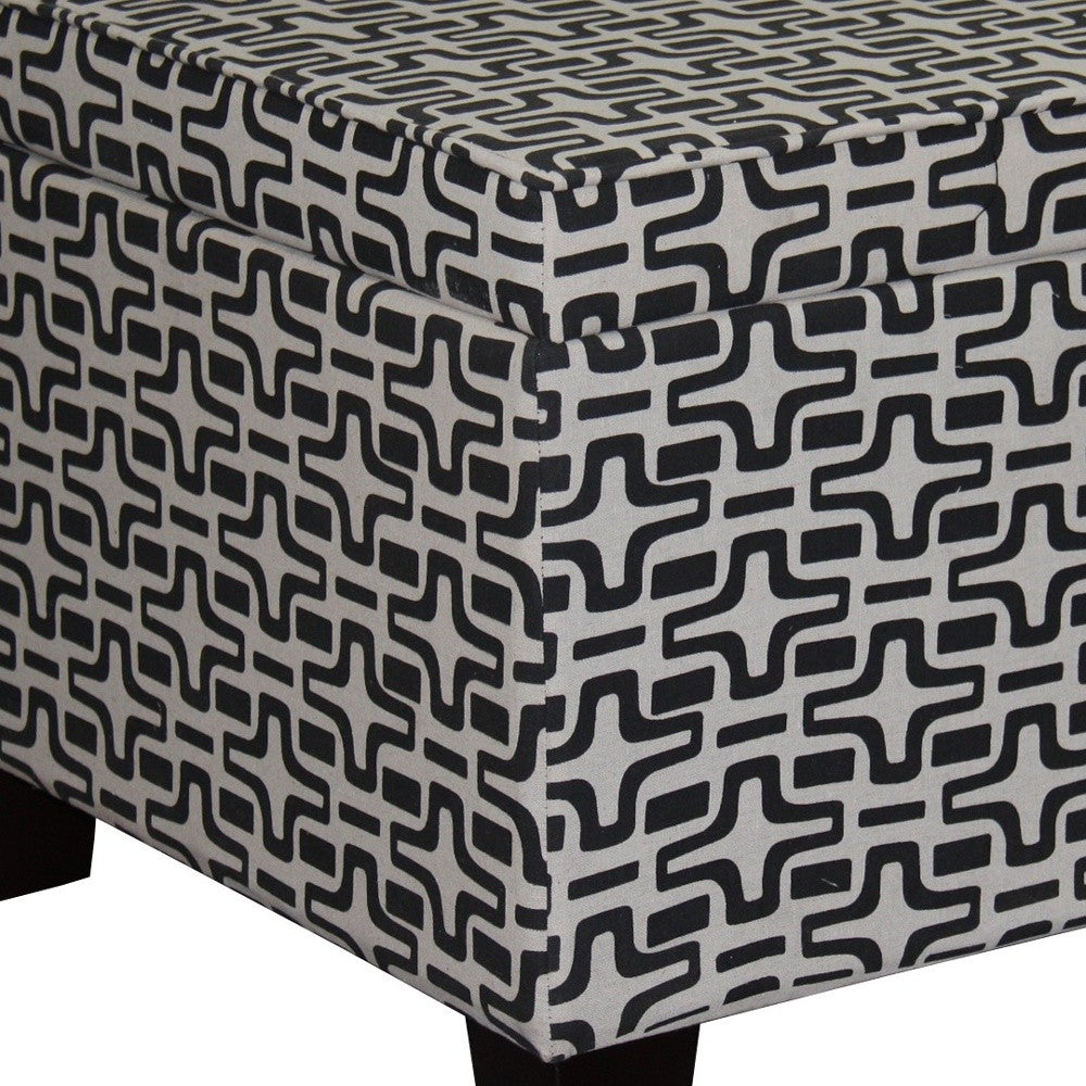 25" Black And White Polyester Blend And Black Geometric Storage Ottoman