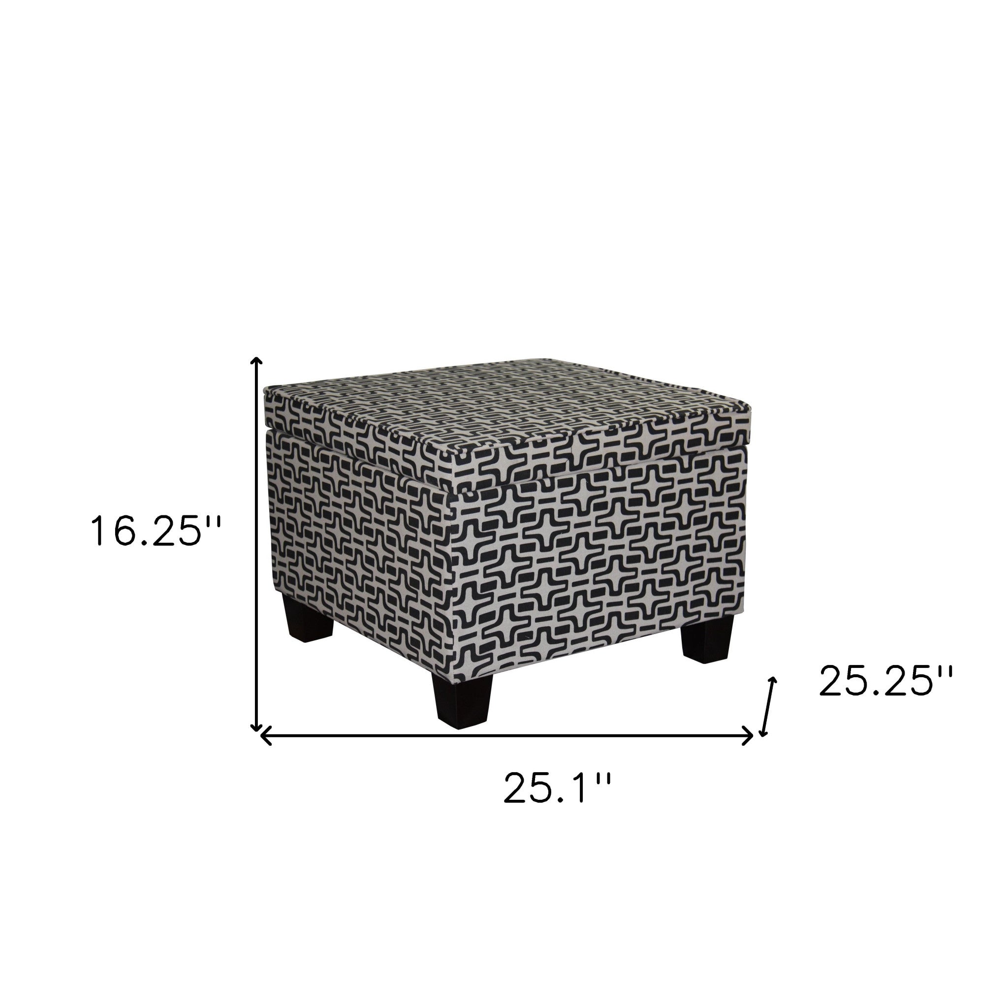 25" Black And White Polyester Blend And Black Geometric Storage Ottoman