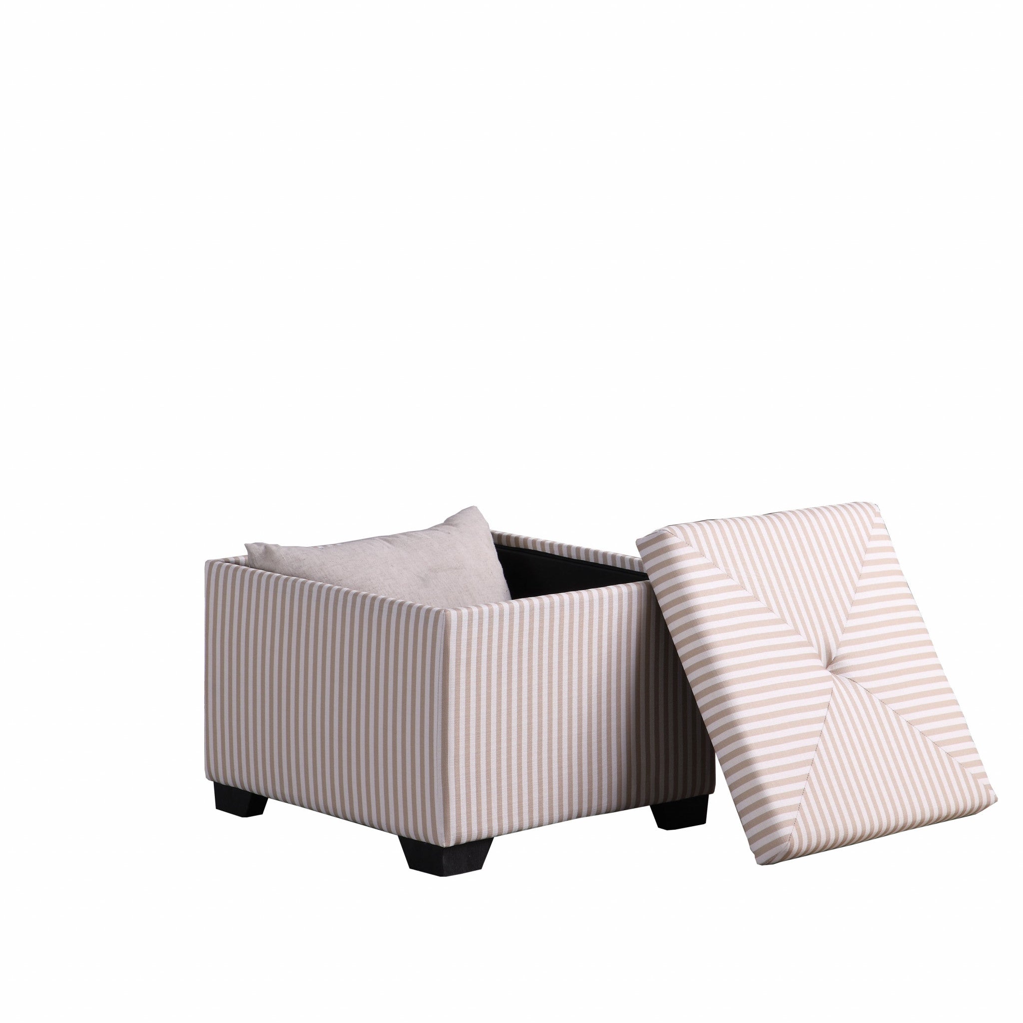 Otomana de almacenamiento de 22" gris y blanco de imitación de cuero y rayas negras con mechones