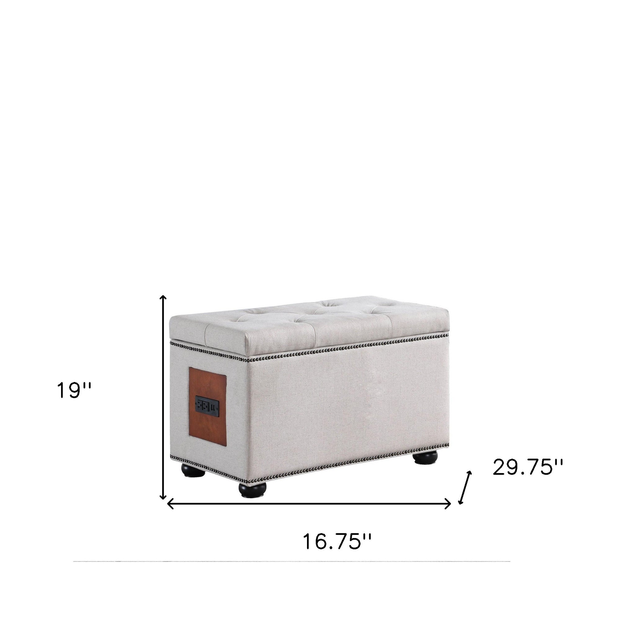 17" Light Khaki 100% Linen And Black Tufted Storage Ottoman