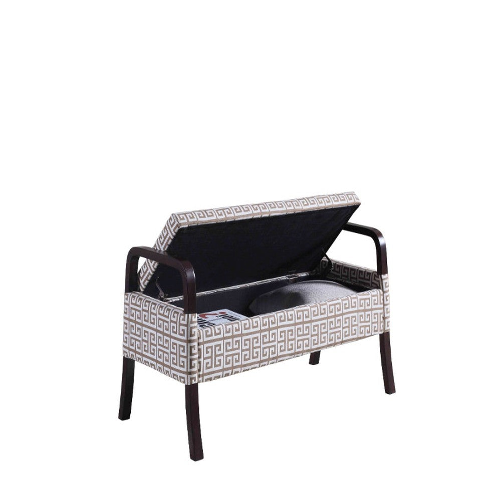 Banco de entrada geométrico 100% poliéster tapizado en negro y marrón de 17" con tapa abatible