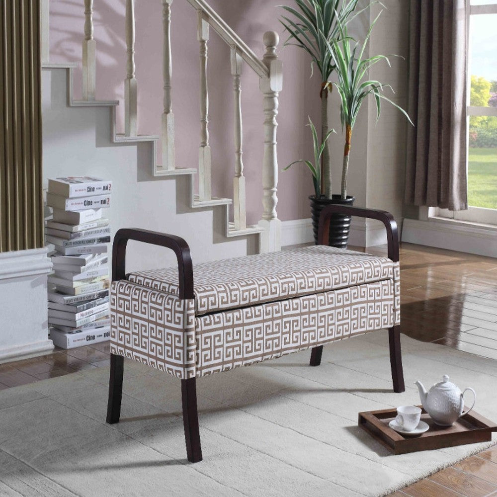 Banco de entrada geométrico 100% poliéster tapizado en negro y marrón de 17" con tapa abatible