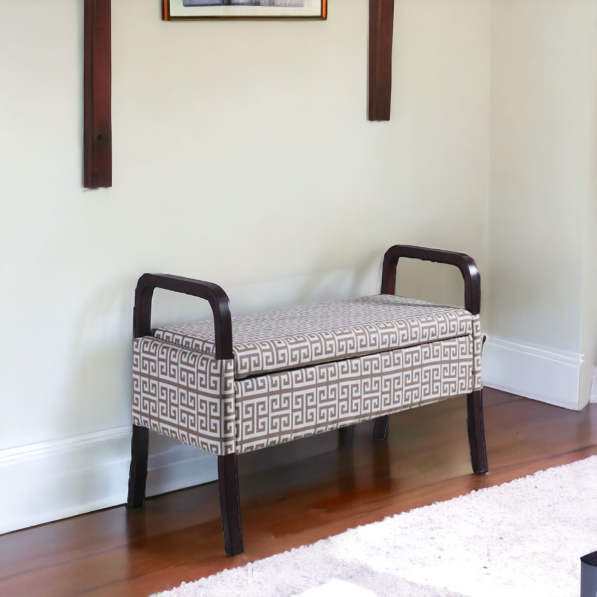 Banco de entrada geométrico 100% poliéster tapizado en negro y marrón de 17" con tapa abatible