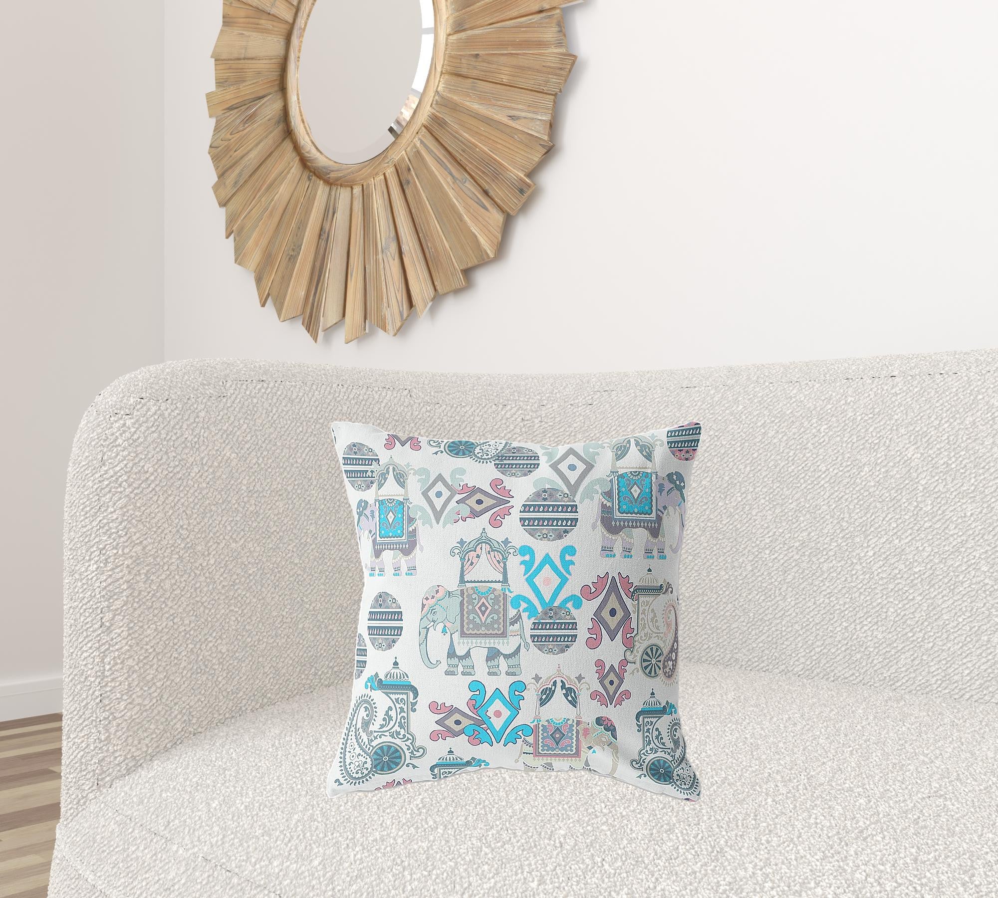 18" Aqua and Gray Elephant Scroll Blown Closed Broadcloth Throw Pillow