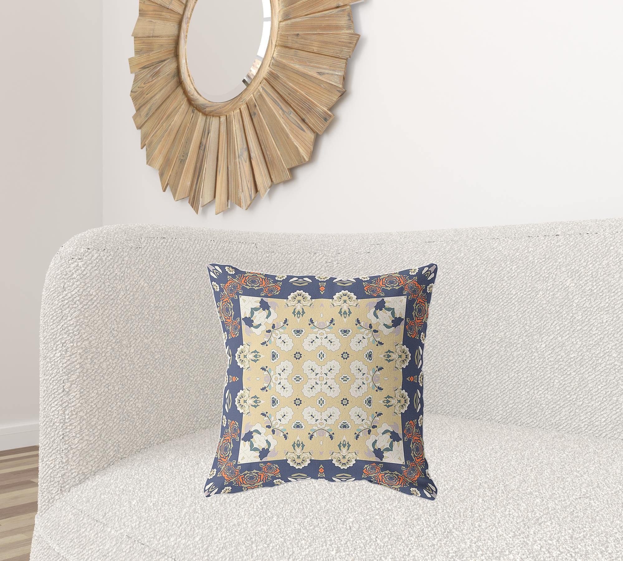 18" X 18" Blue Yellow Broadcloth Floral Throw Pillow
