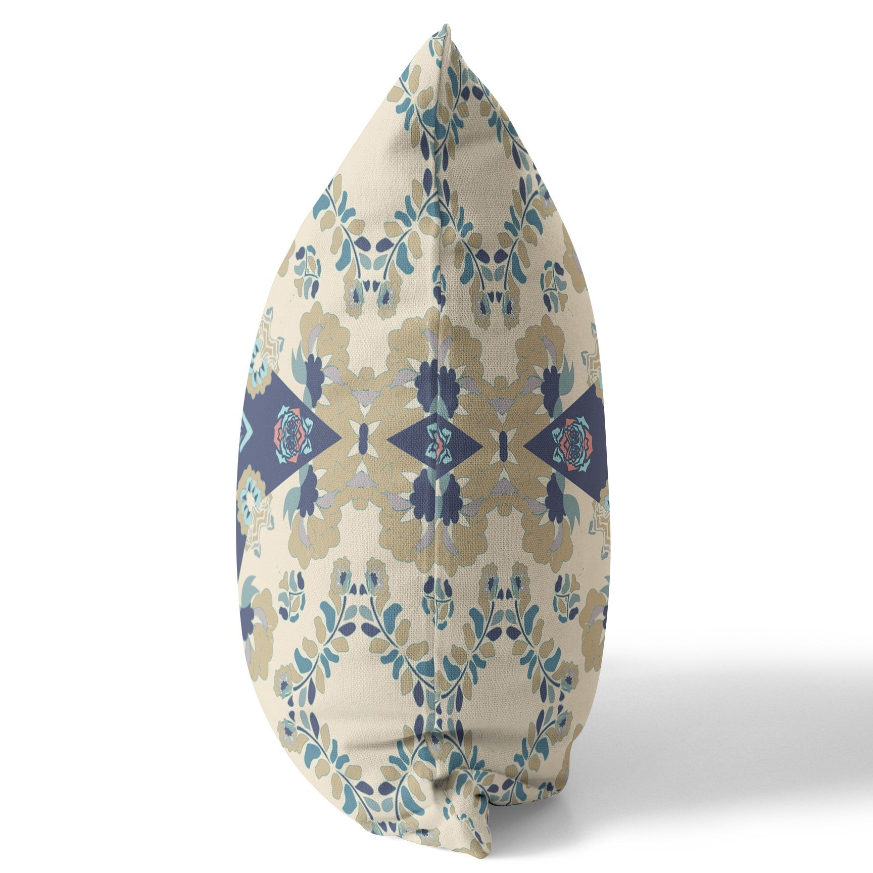 16" X 16" Cream And Blue Broadcloth Floral Throw Pillow