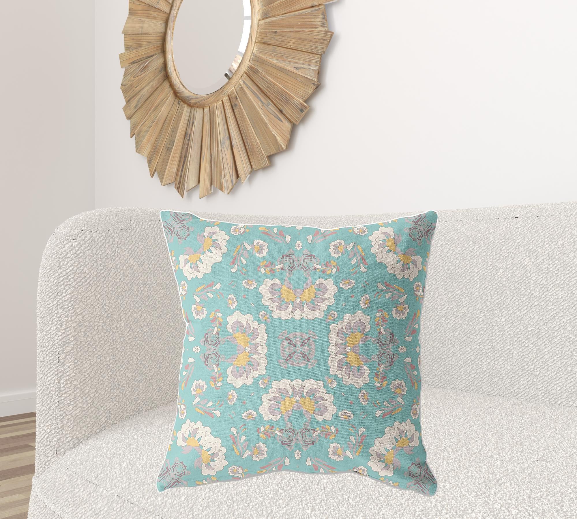 18" X 18" Green And White Broadcloth Floral Throw Pillow