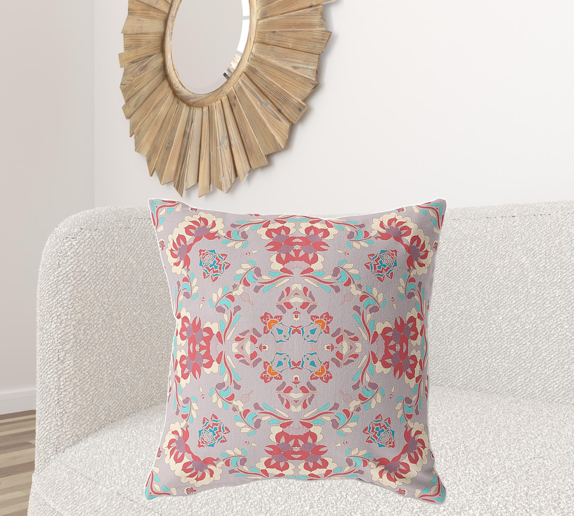 18" X 18" Purple And Red Broadcloth Floral Throw Pillow