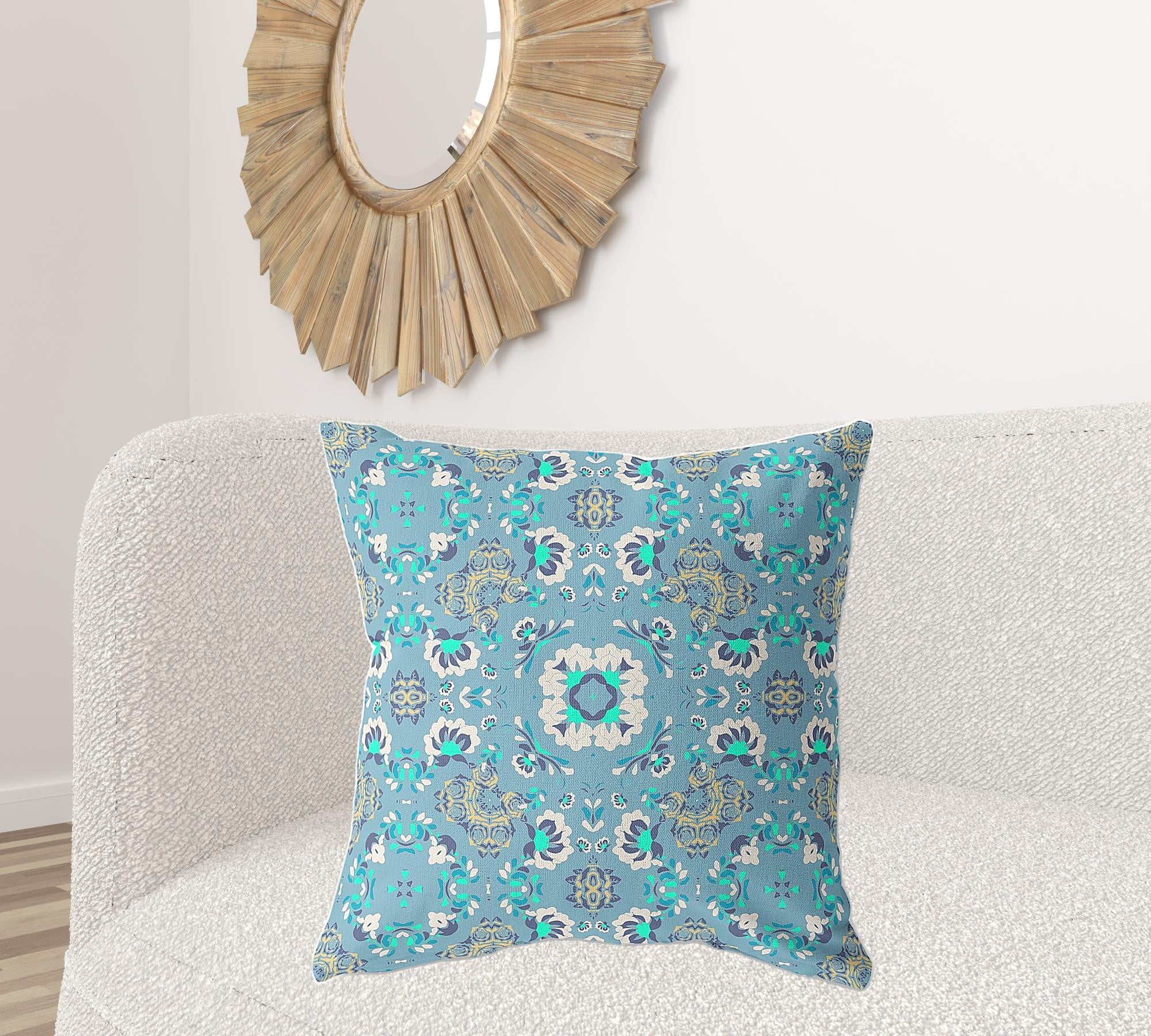 18" X 18" Light Blue Broadcloth Floral Throw Pillow