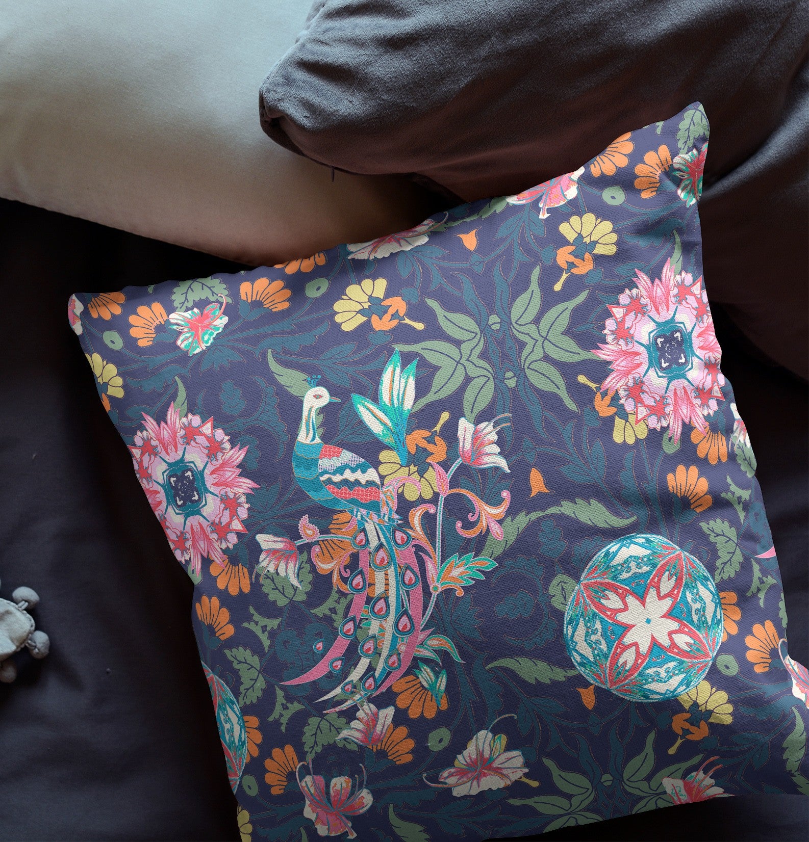 16" X 16" Floral Blue And Pink Broadcloth Floral Throw Pillow