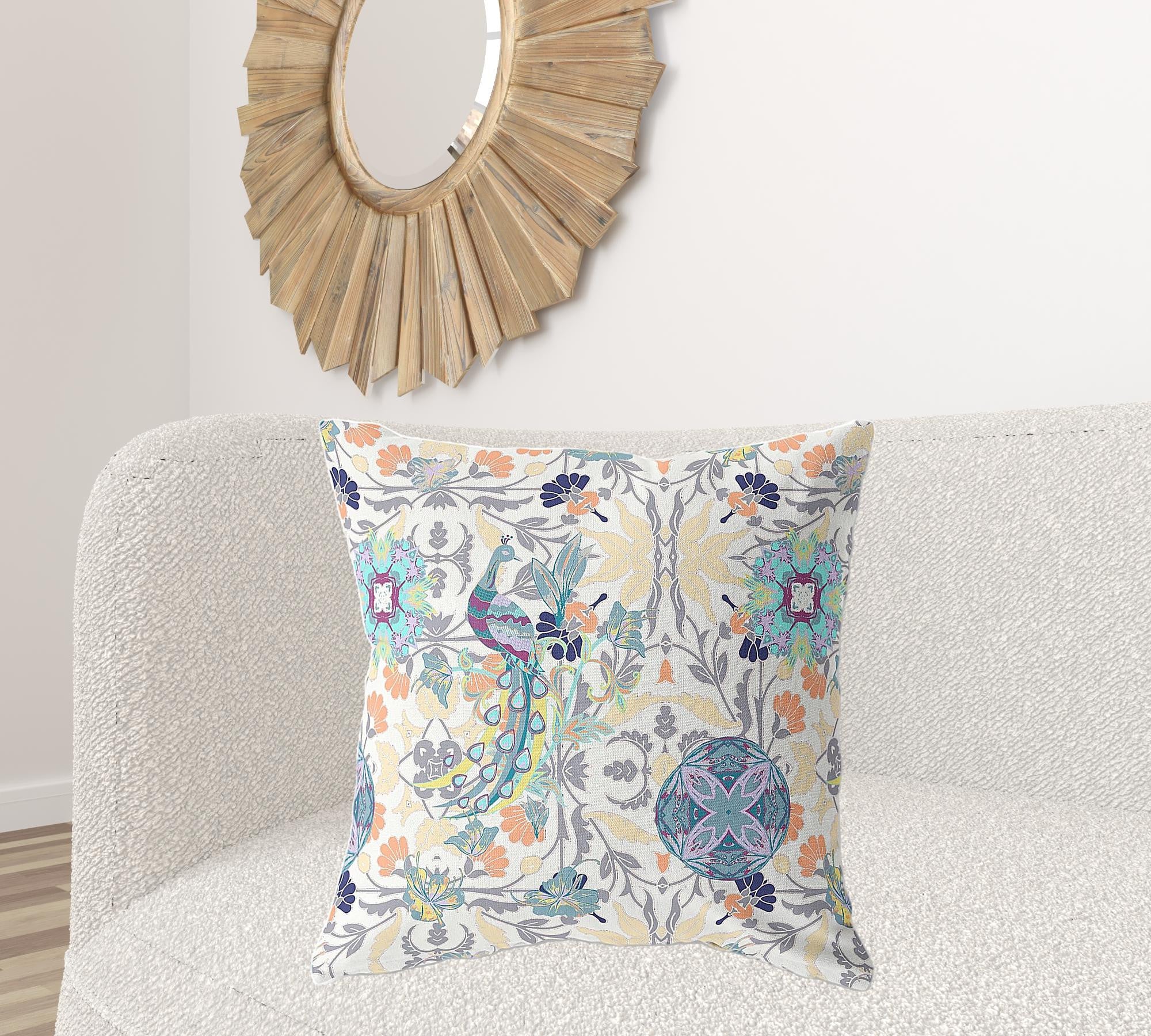 18" X 18" Off White And Yellow Broadcloth Floral Throw Pillow