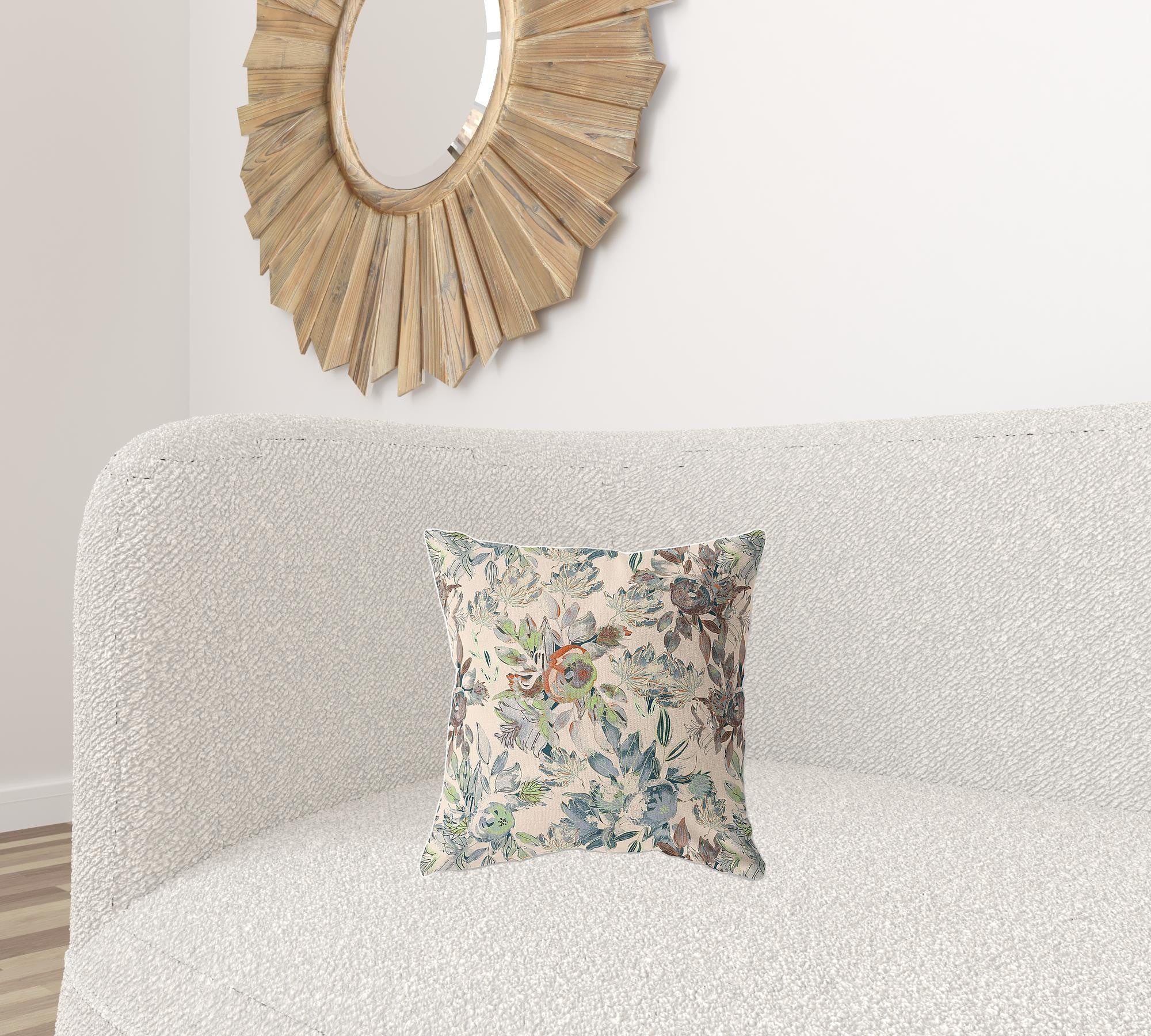 16" X 16" Green And Brown Broadcloth Floral Throw Pillow