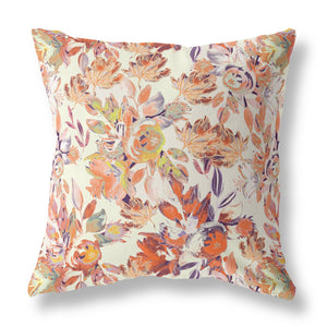 18" X 18" Red, Peach And Cream Broadcloth Floral Throw Pillow