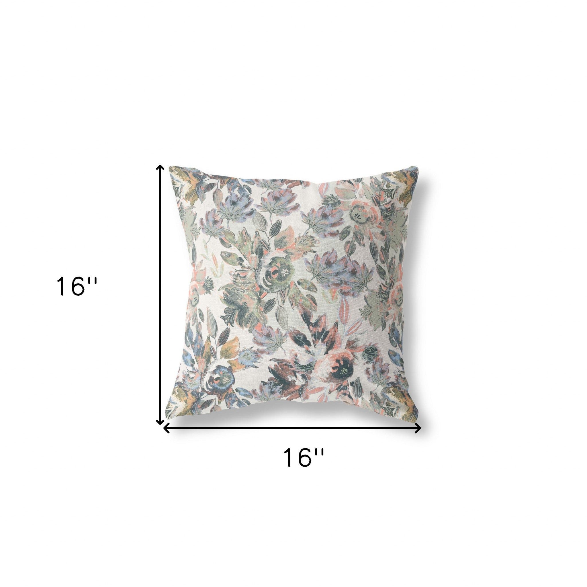 16" X 16" White, Pink And Grey Broadcloth Floral Throw Pillow