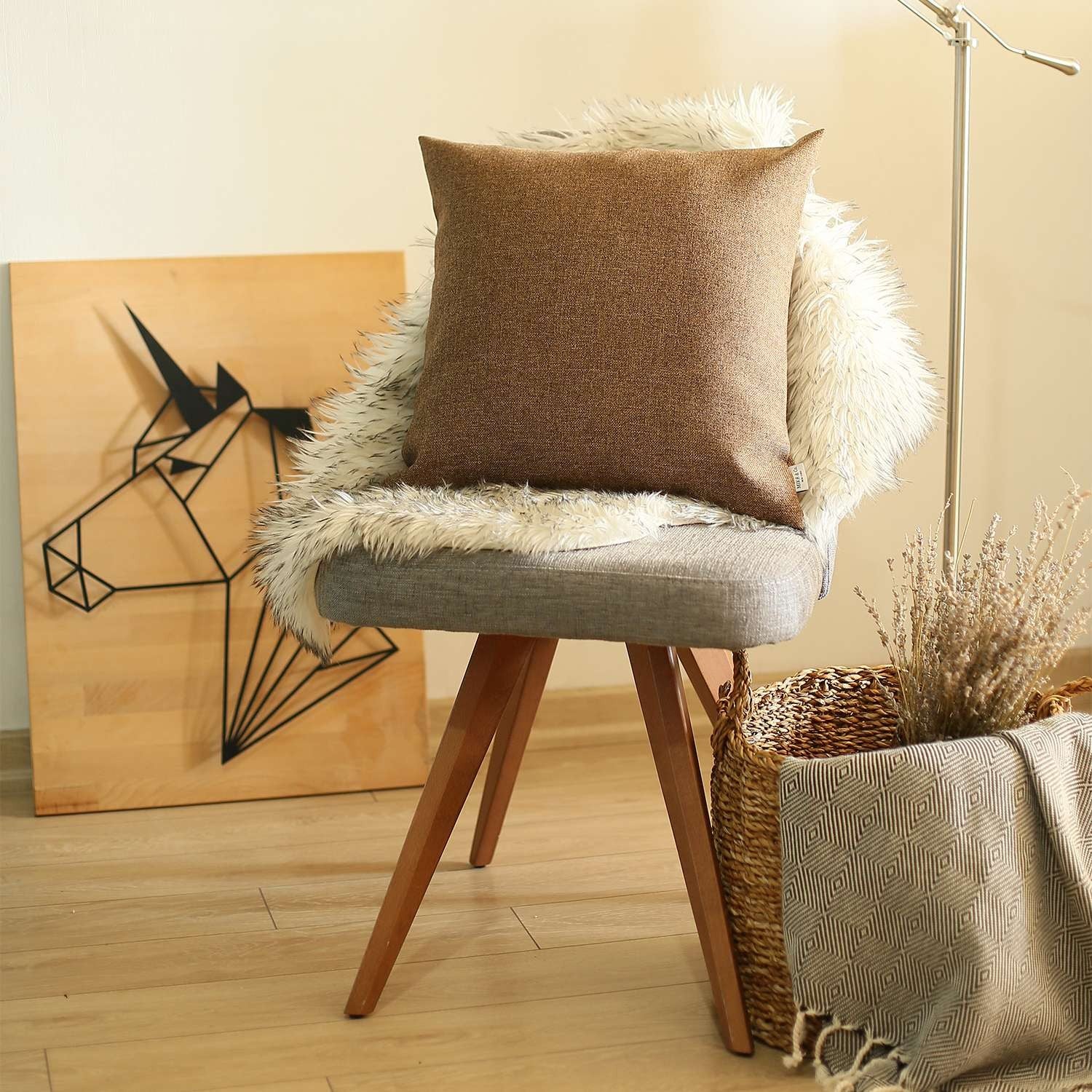 18" X 18" Brown Solid Color Zippered Handmade Polyester Throw Pillow Cover