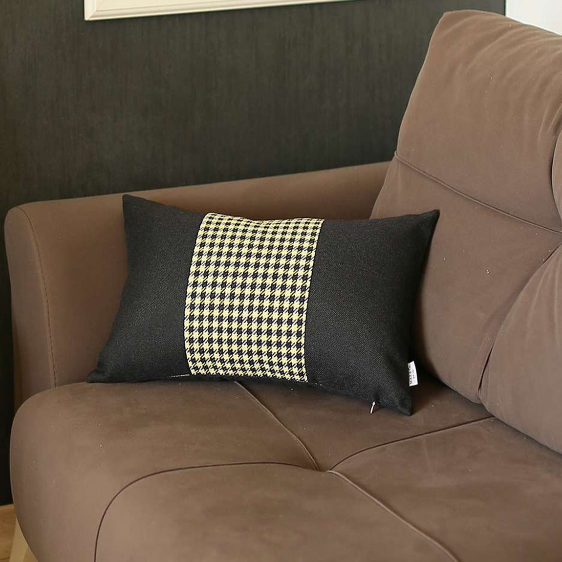 Black And Yellow Houndstooth Zippered Handmade Polyester Lumbar Pillow Cover - 12" X 20"