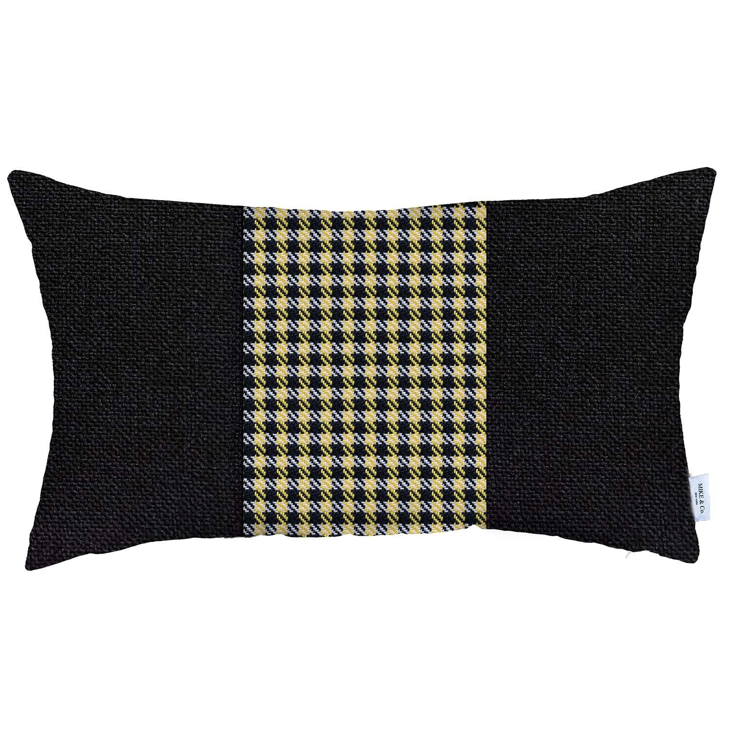 Black And Yellow Houndstooth Zippered Handmade Polyester Lumbar Pillow Cover - 12" X 20"