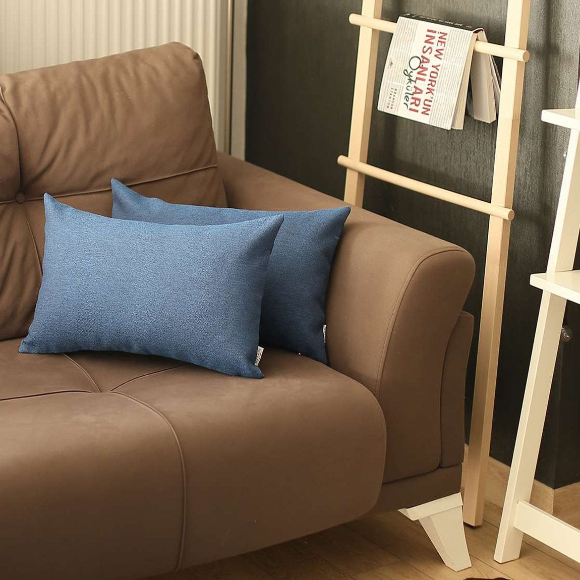 Set Of Two 20" X 12" Blue Zippered Handmade Polyester Lumbar Pillow