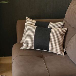 Set Of Two 20" X 12" Brown And Black Houndstooth Zippered Handmade Polyester Lumbar Pillow