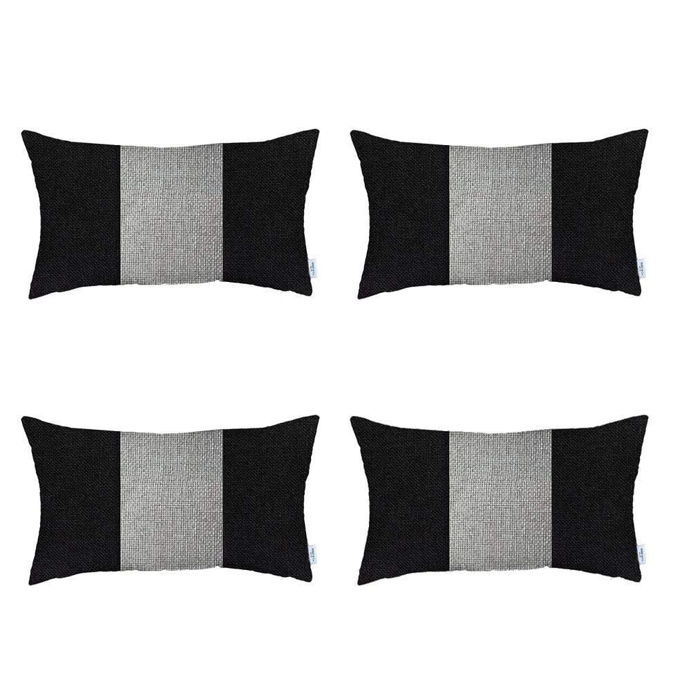 Set Of Four Black And Grey Geometric Zippered Handmade Polyester Lumbar Pillow - 20"x 12"