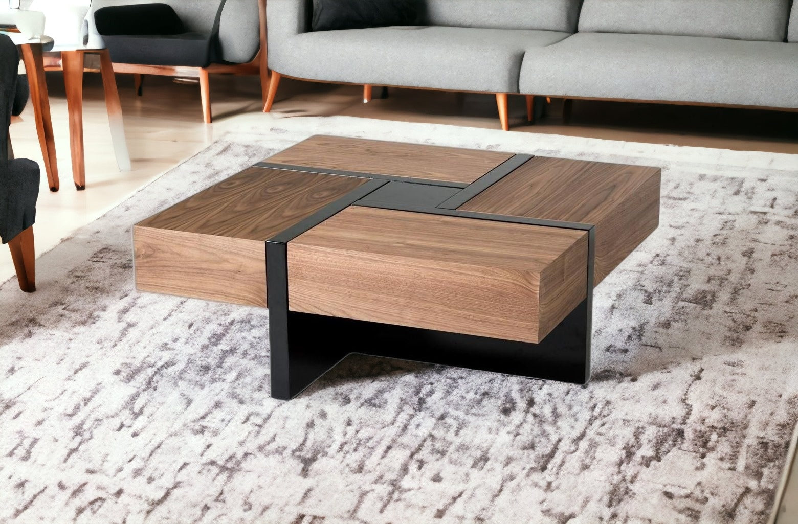 Modern Walnut and Black Square Coffee Table with Storage