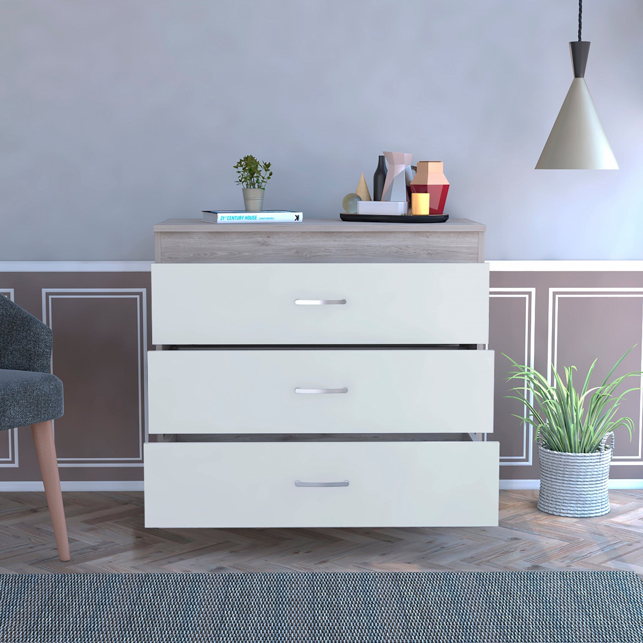 Light Gray and White Three Drawer Dresser 29"