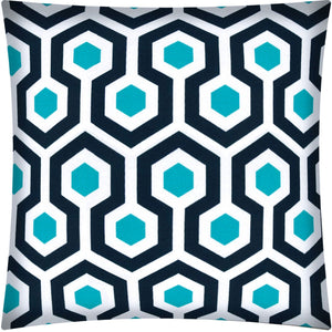 17" X 17" White Navy And Aqua Zippered Polyester Geometric Throw Pillow Cover