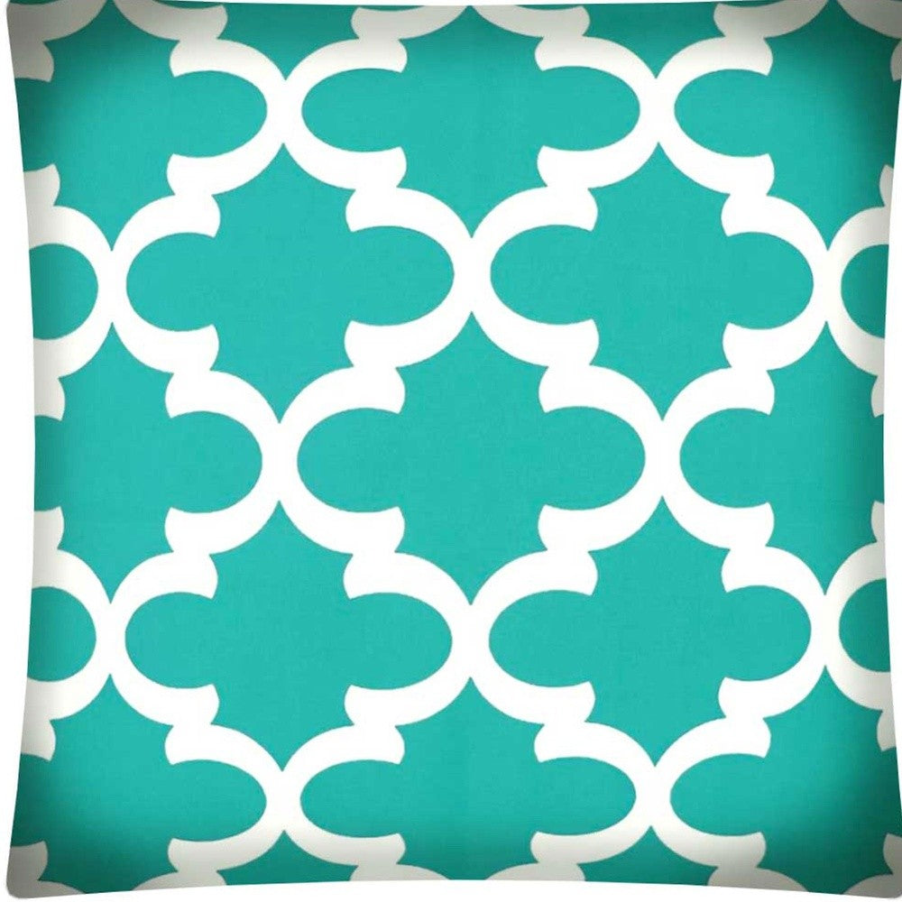 17" X 17" Aqua And White Zippered Polyester Quatrefoil Throw Pillow Cover