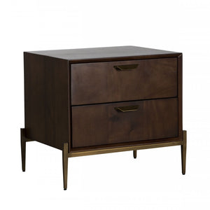 Modern Dark Mango Acacia and Brass Nightstand with Two Drawers