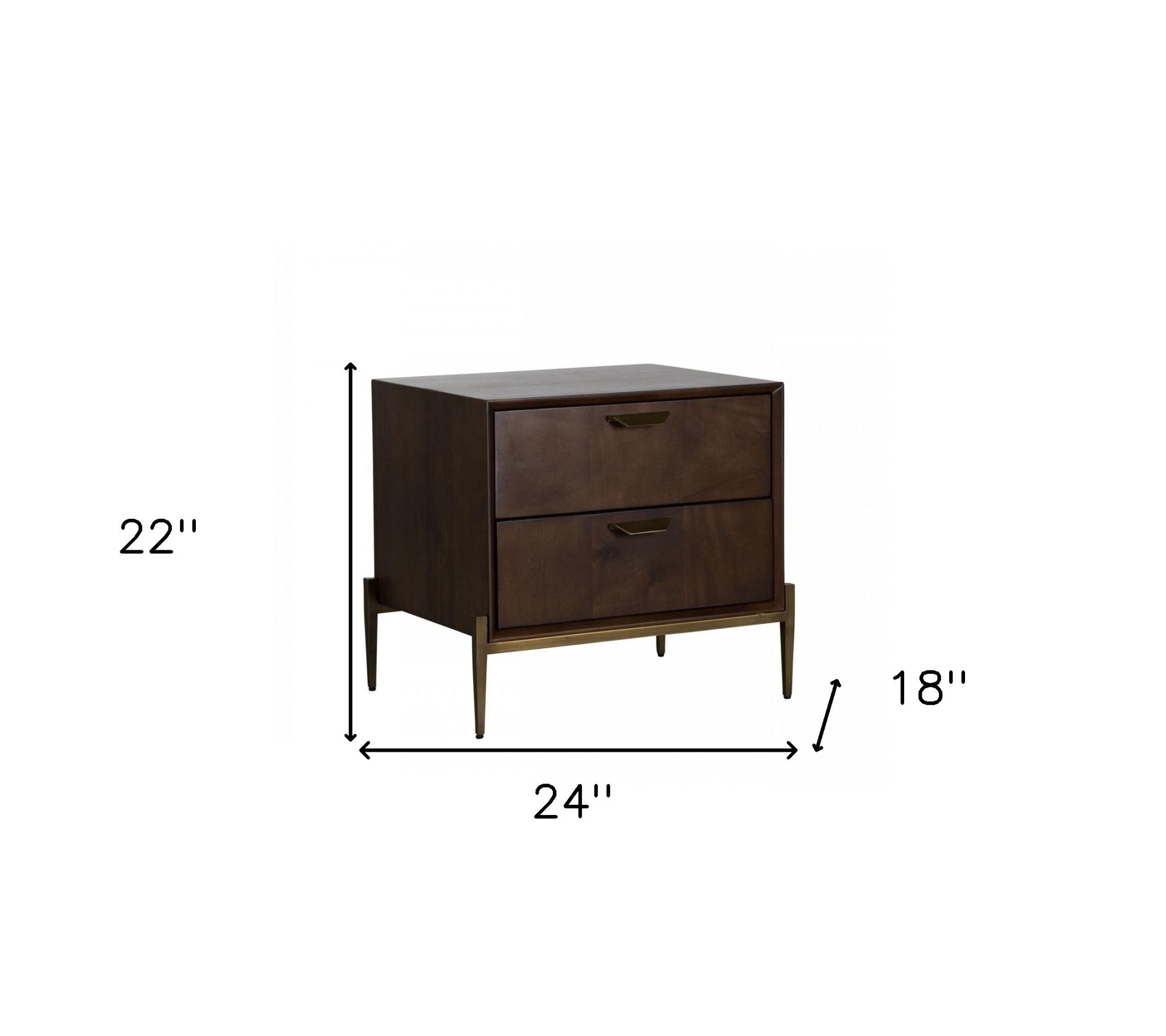 Modern Dark Mango Acacia and Brass Nightstand with Two Drawers