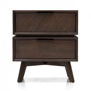 Mid Century Acacia Nightstand with Two Drawers and Black Metal Handles