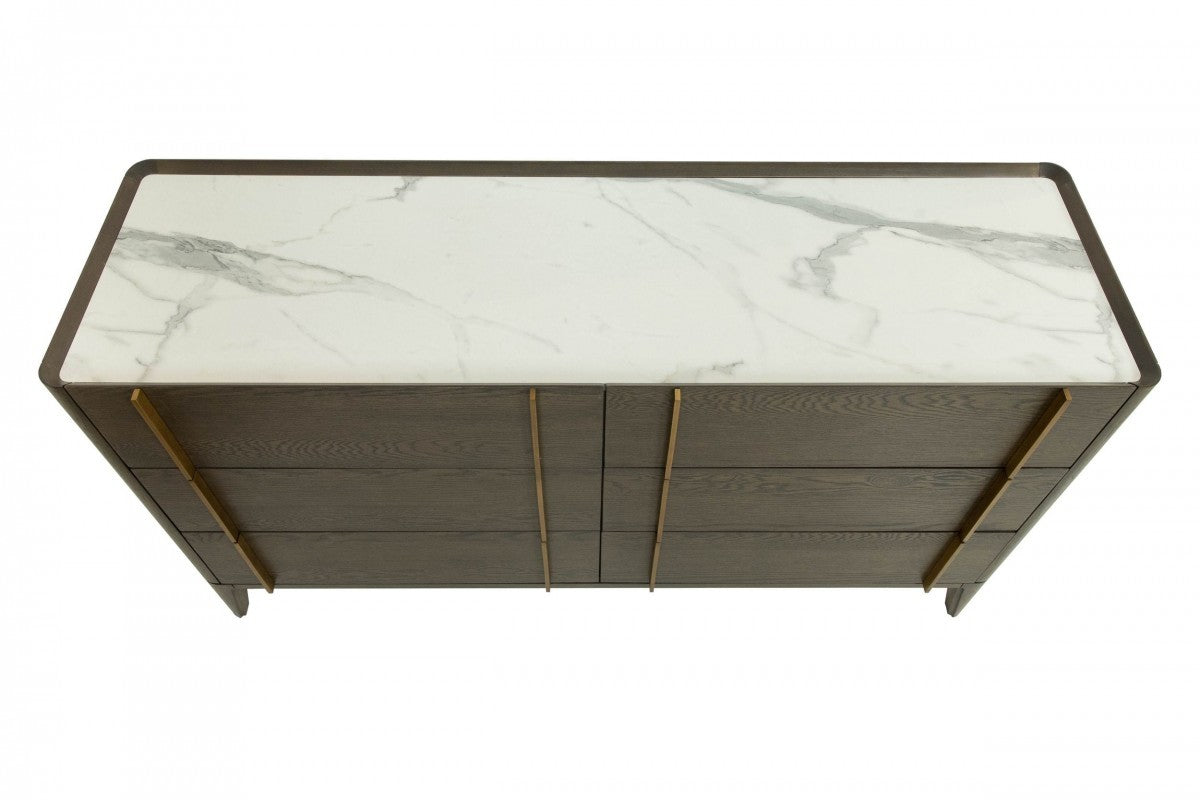 59" Dark Brown Solid Wood Six Drawer Double Dresser