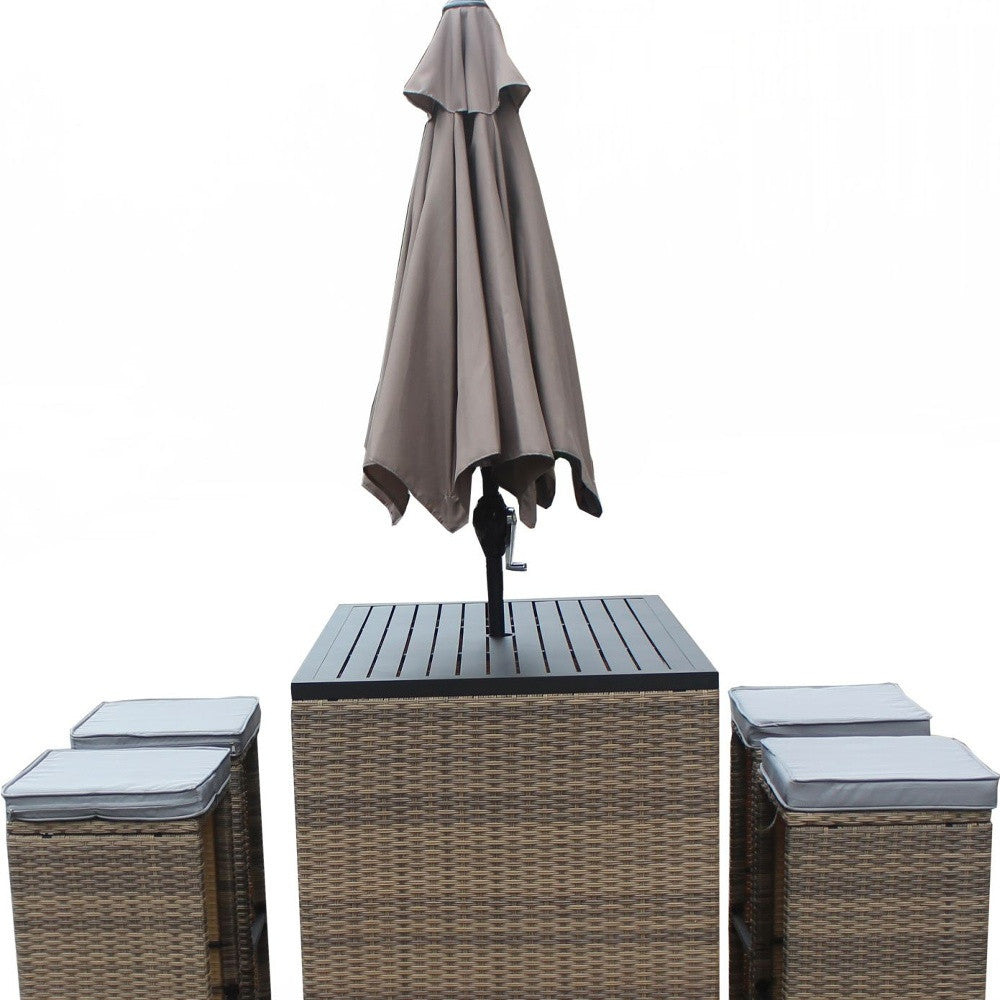 Six Piece Brown and White Faux Wicker Outdoor Bar Height Table Set with Umbrella and Stools