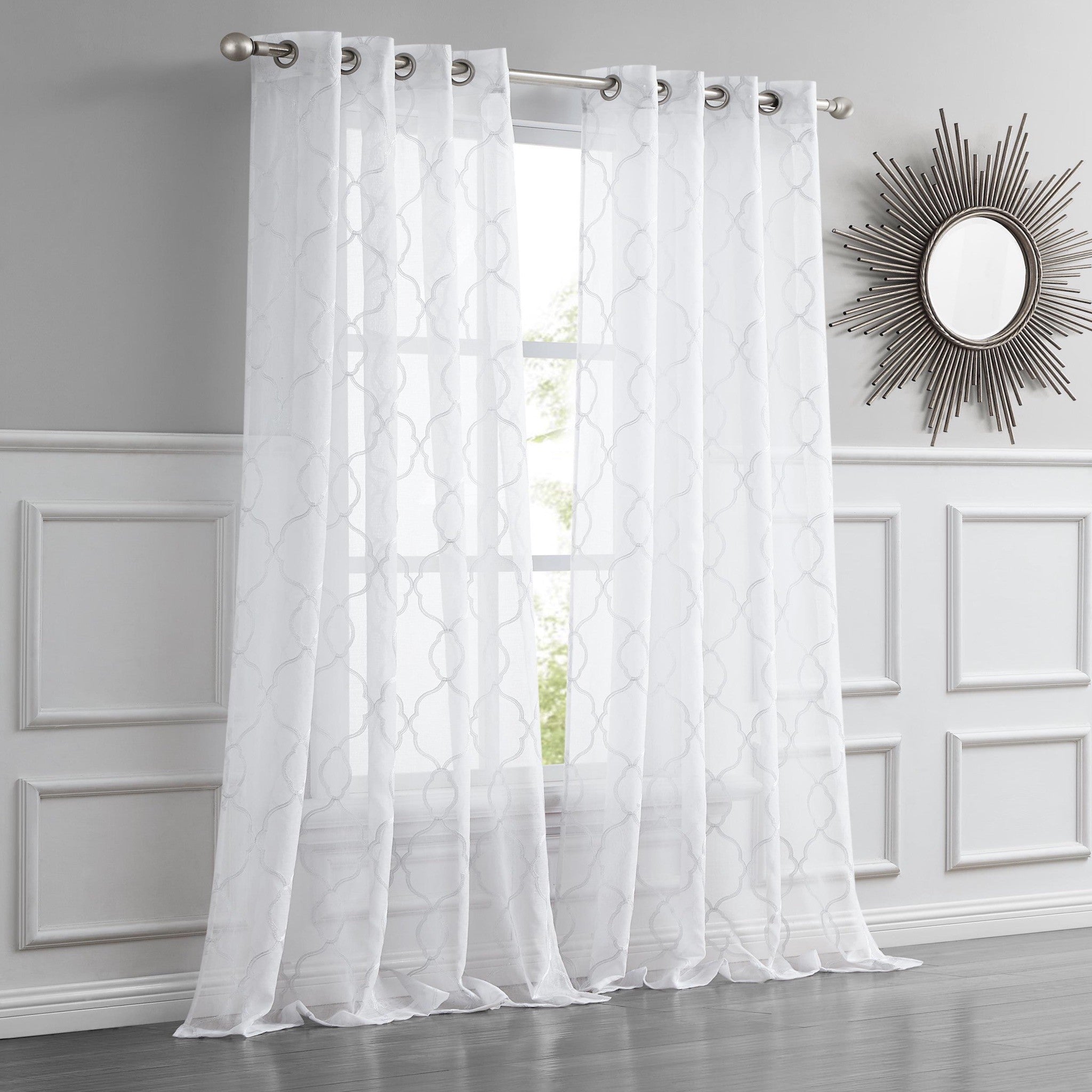 White Trellis Pattern Embroidered Window Curtain Panel 84”
