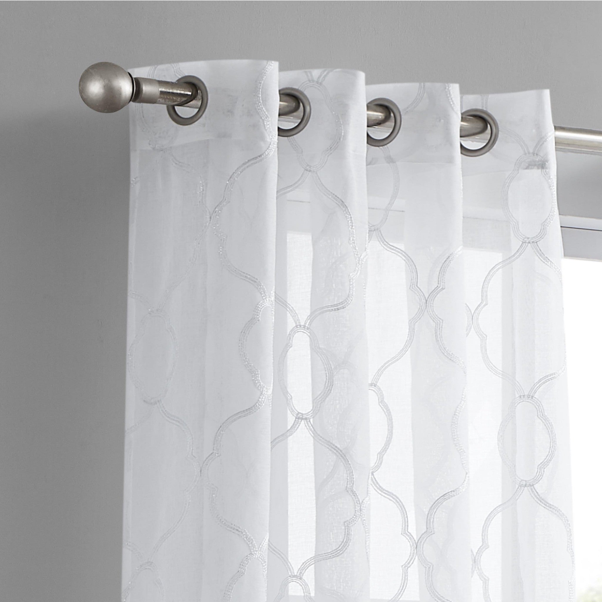 White Trellis Pattern Embroidered Window Curtain Panel 84”