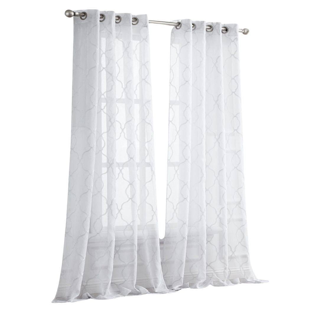 White Trellis Pattern Embroidered Window Curtain Panel 84”