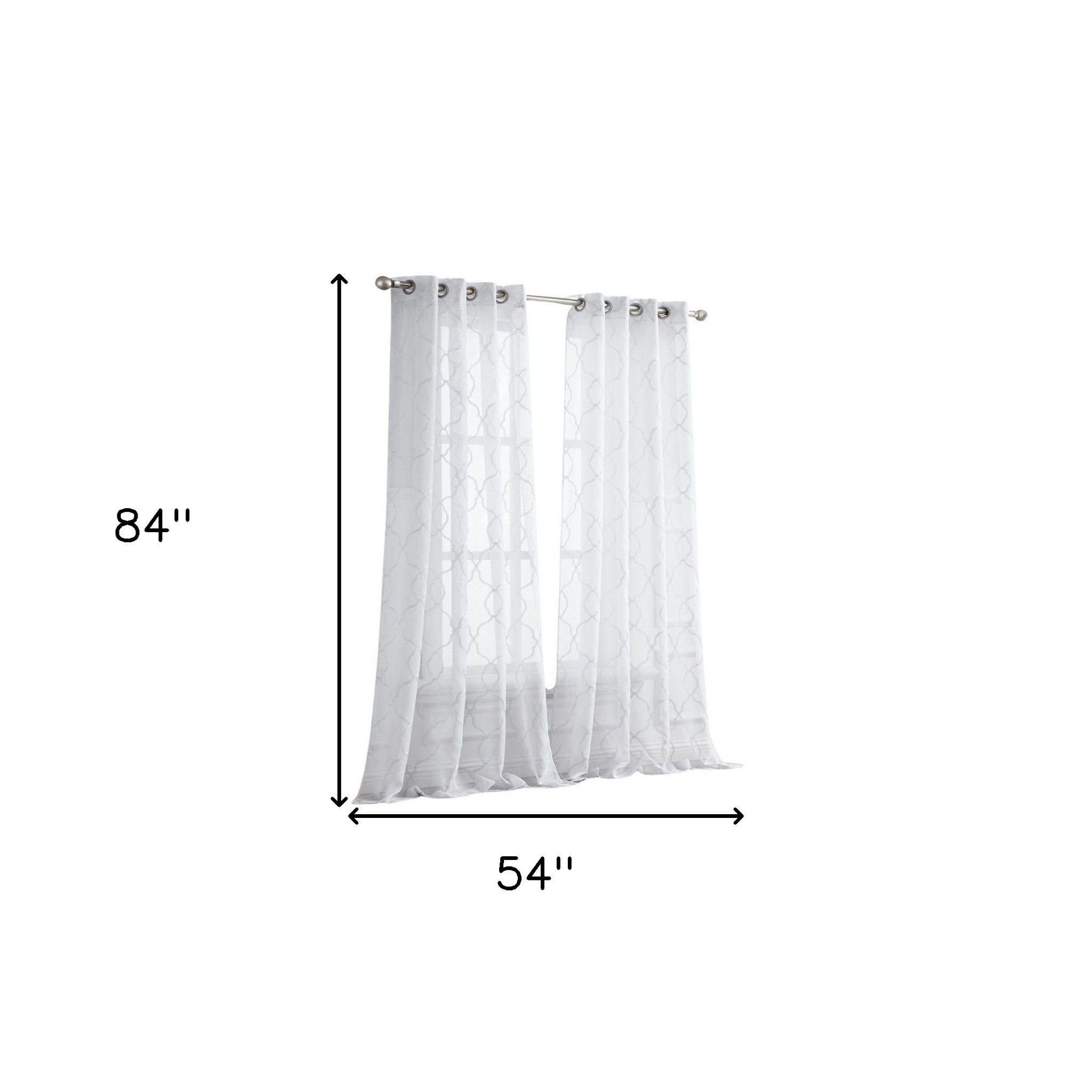 White Trellis Pattern Embroidered Window Curtain Panel 84”