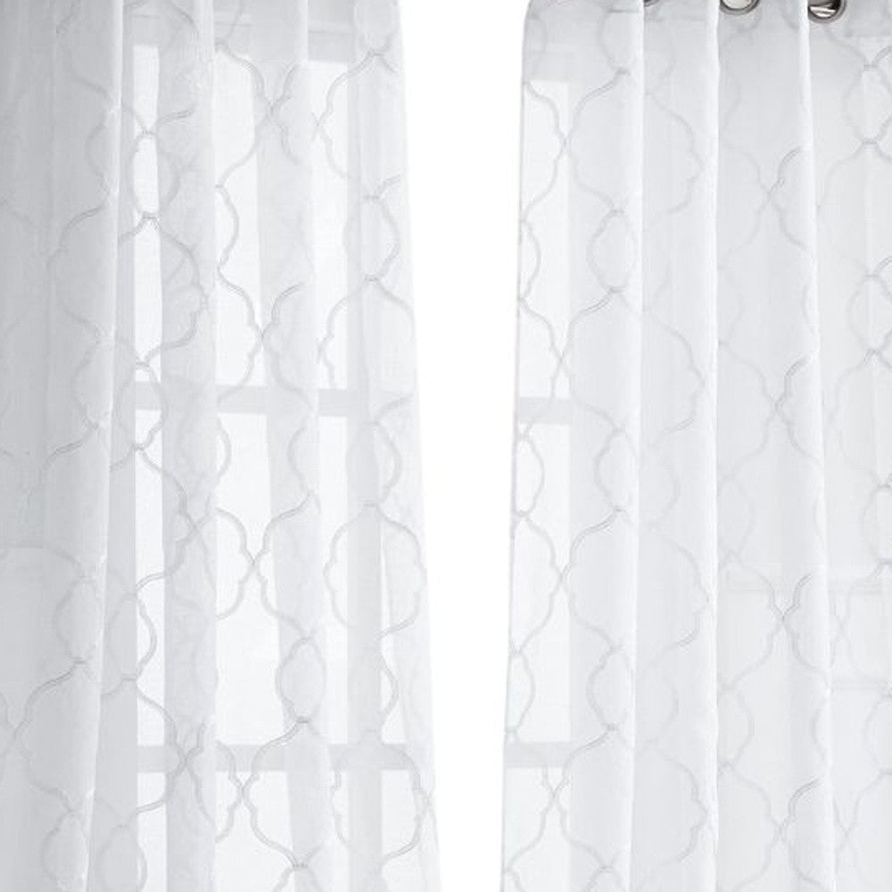 White Trellis Pattern Embroidered Window Curtain Panel 84”