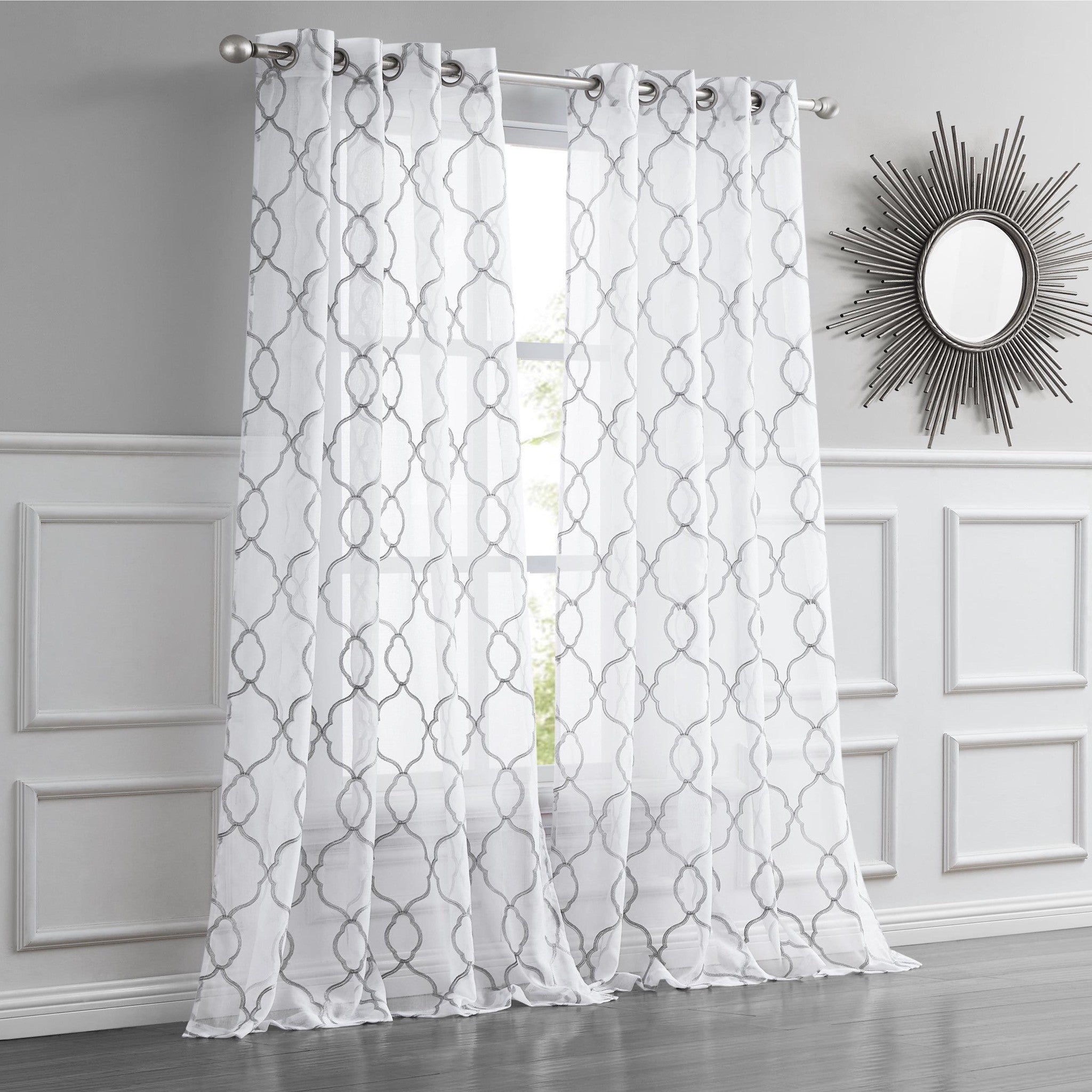 Silver Trellis Pattern Embroidered Window Curtain Panel 84”