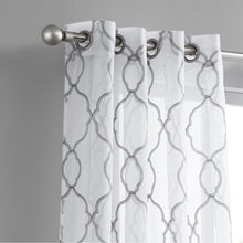Silver Trellis Pattern Embroidered Window Curtain Panel 84”