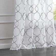 Silver Trellis Pattern Embroidered Window Curtain Panel 84”