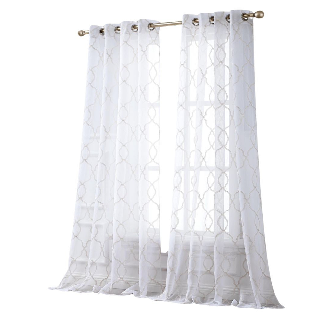 Charcoal Trellis Pattern Embroidered Window Curtain Panel 84”
