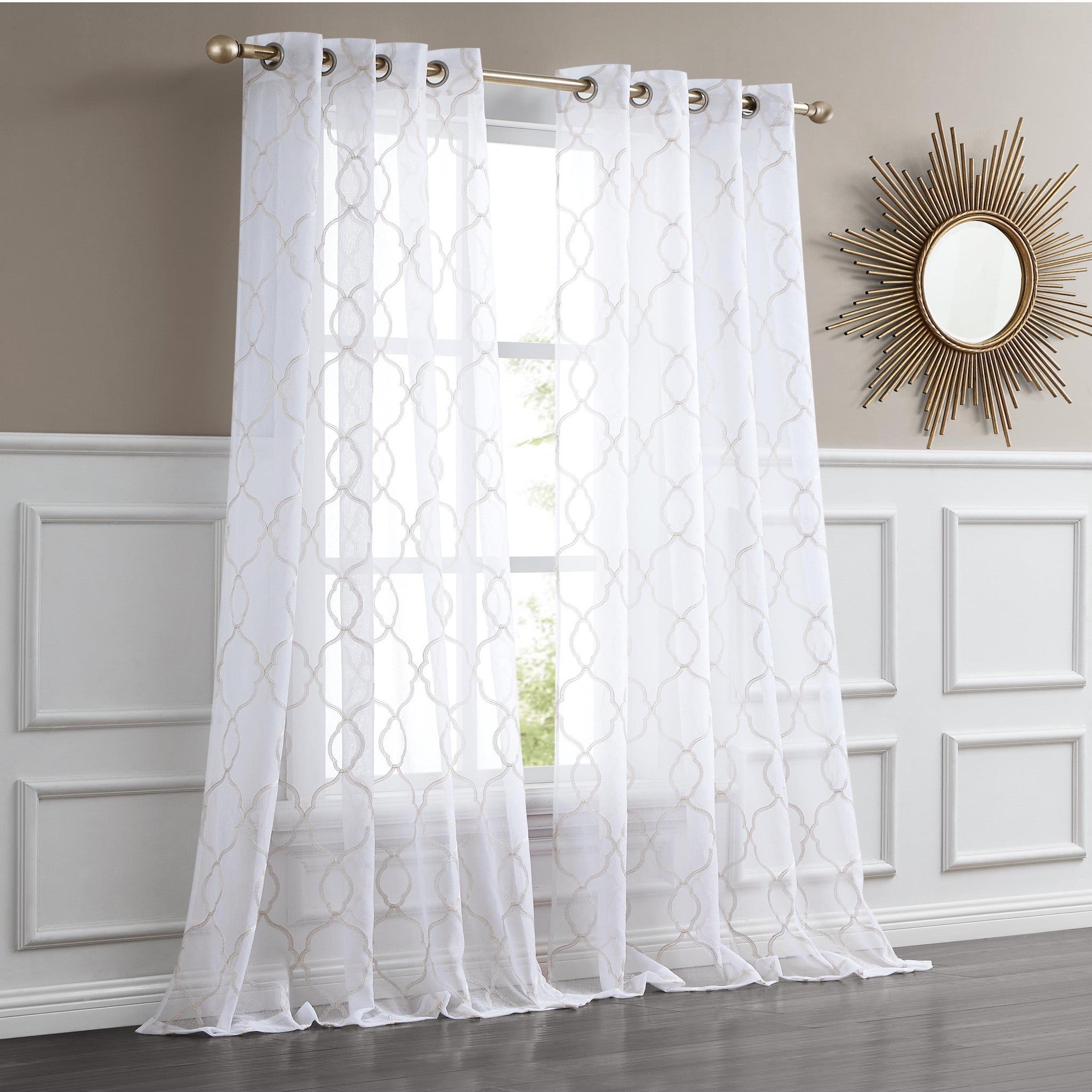 Charcoal Trellis Pattern Embroidered Window Curtain Panel 84”