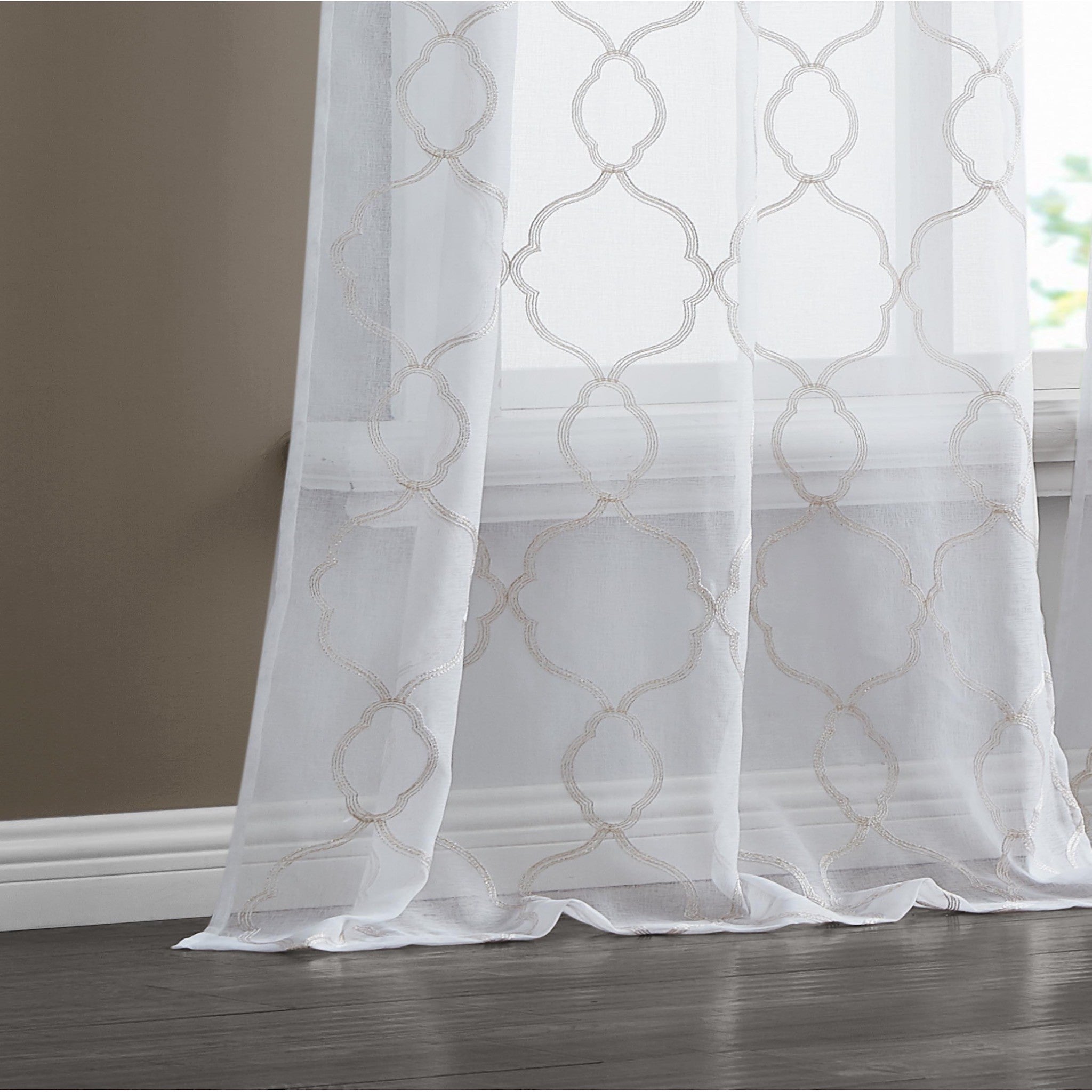 Charcoal Trellis Pattern Embroidered Window Curtain Panel 84”