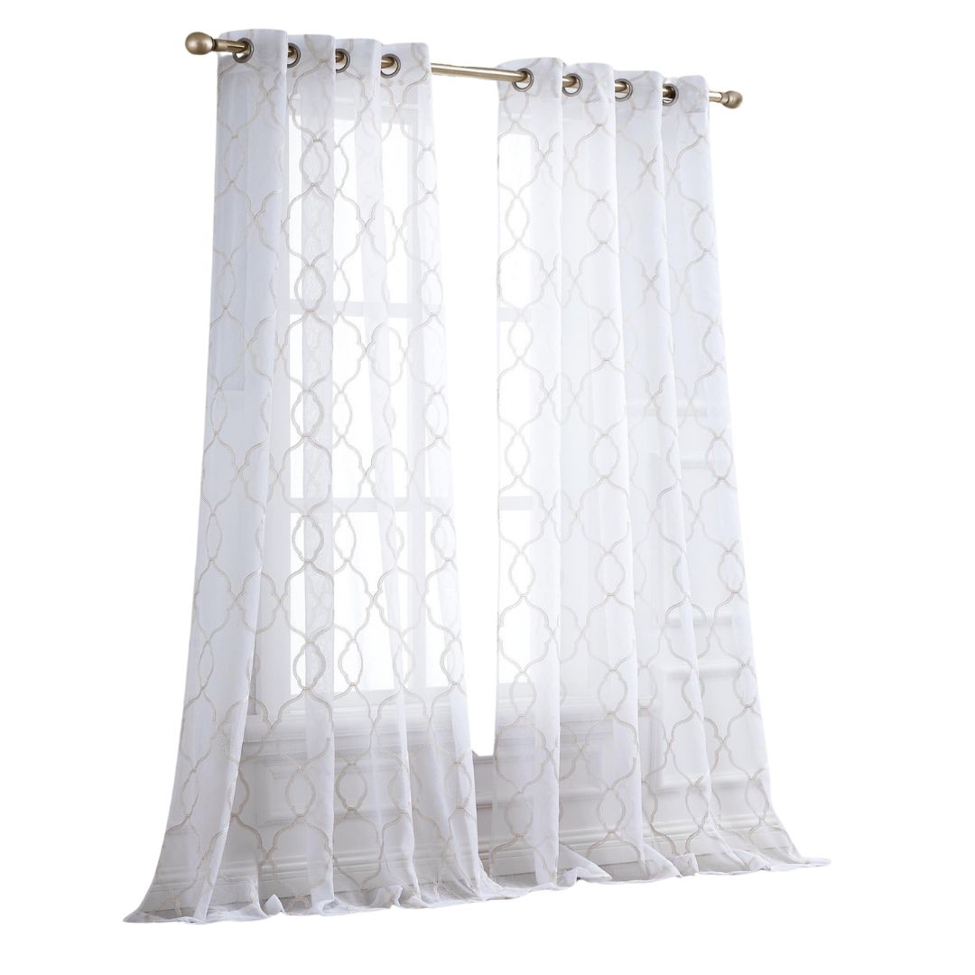 Charcoal Trellis Pattern Embroidered Window Curtain Panel 84”