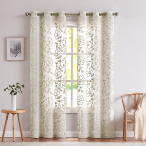 Set of Two 96"  Tan Floral Embroidered Window Panels