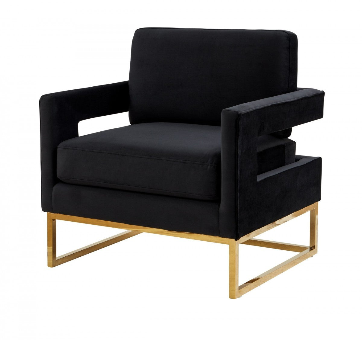 Elegante silla de terciopelo negro y acero dorado