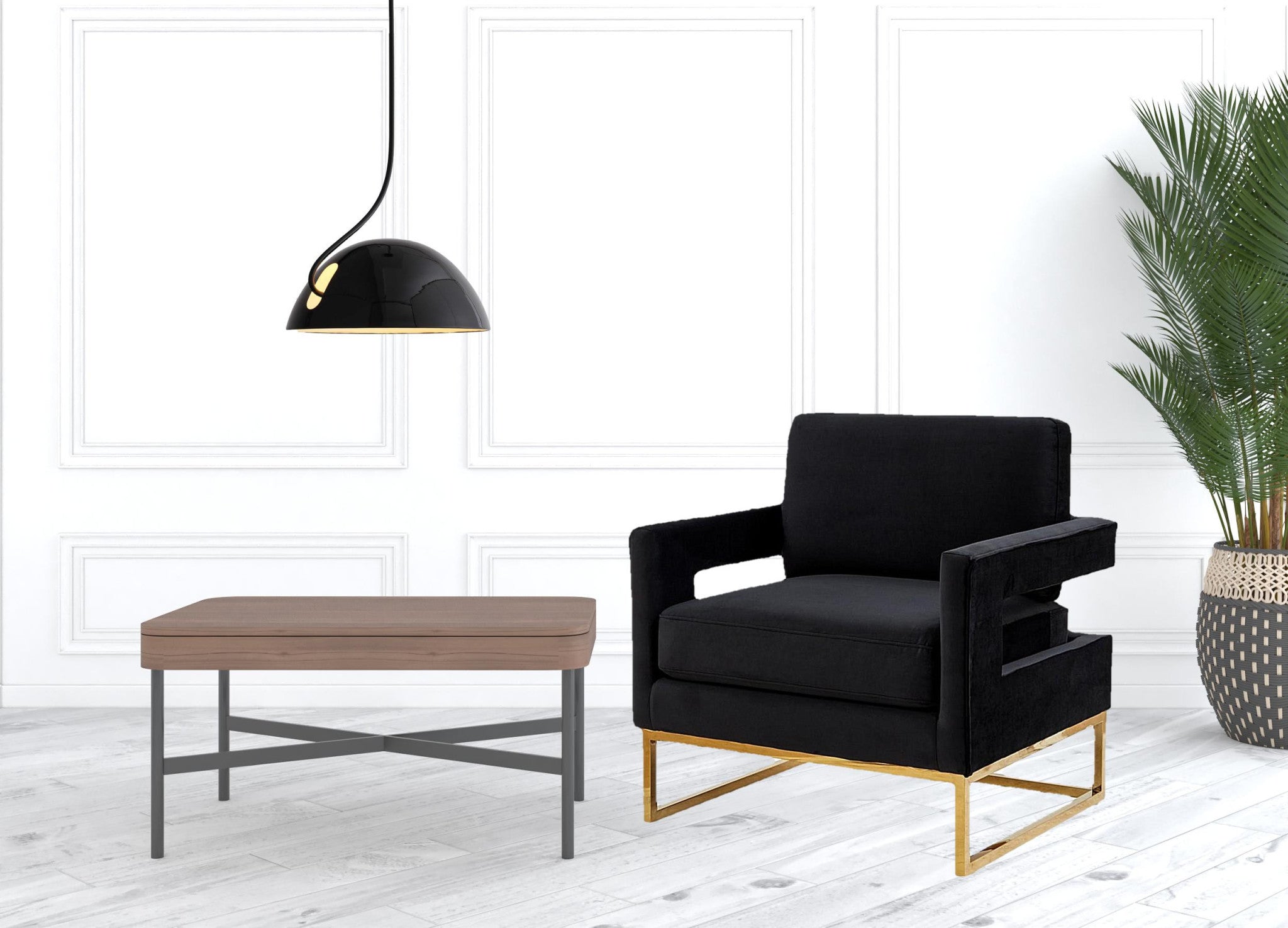 Elegante silla de terciopelo negro y acero dorado