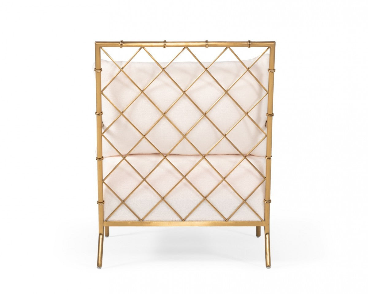 Elegante silla decorativa con estructura en A de terciopelo blanco y dorado